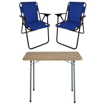 Bofigo Katlanır Çam Desenli 60x80 cm Masa + Katlanır Mavi 2 Adet Sandalye Kamp Seti
