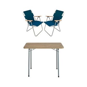 Bofigo Katlanır Çam Desenli 60x80 cm Masa + Katlanır Mavi 2 Adet Sandalye Kamp Seti