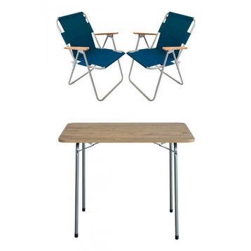 Bofigo Katlanır Çam Desenli 60x80 cm Masa + Katlanır Mavi 2 Adet Sandalye Kamp Seti