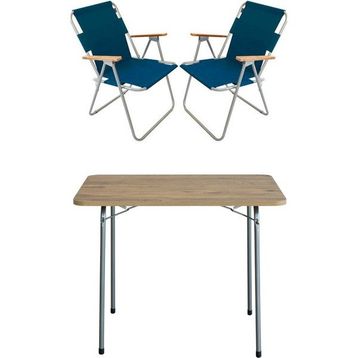 Bofigo Katlanır Çam Desenli 60x80 cm Masa + Katlanır Mavi 2 Adet Sandalye Kamp Seti