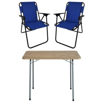 Bofigo Katlanır Çam Desenli 60x80 cm Masa + Katlanır Mavi 2 Adet Sandalye Kamp Seti