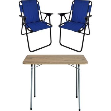 Bofigo Katlanır Çam Desenli 60x80 cm Masa + Katlanır Mavi 2 Adet Sandalye Kamp Seti
