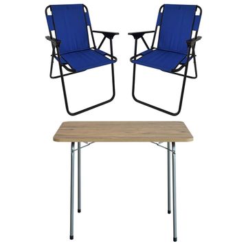 Bofigo Katlanır Çam Desenli 60x80 cm Masa + Katlanır Mavi 2 Adet Sandalye Kamp Seti