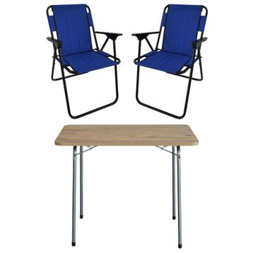 Bofigo Katlanır Çam Desenli 60x80 cm Masa + Katlanır Mavi 2 Adet Sandalye Kamp Seti