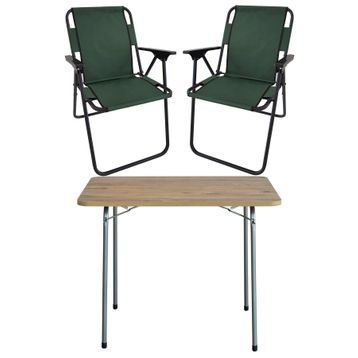 Bofigo Katlanır Çam Desenli 60x80 cm Masa + Katlanır Yeşil 2 Adet Sandalye Kamp Seti