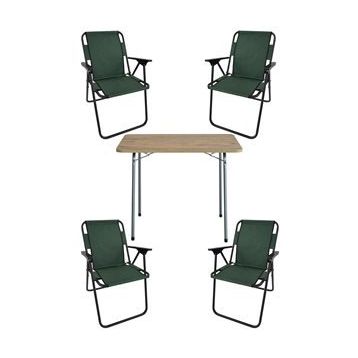 Bofigo Katlanır Çam Desenli 60x80 cm Masa + Katlanır Yeşil 4 Adet Sandalye Kamp Seti