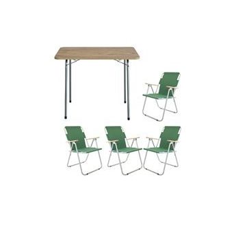 Bofigo Katlanır Çam Desenli 60x80 cm Masa + Katlanır Yeşil 4 Adet Sandalye Kamp Seti