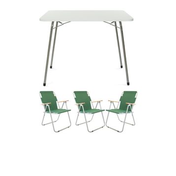 Bofigo Katlanır Granit Desenli 60x80 cm Masa + Katlanır Yeşil 3 Adet Sandalye Kamp Seti