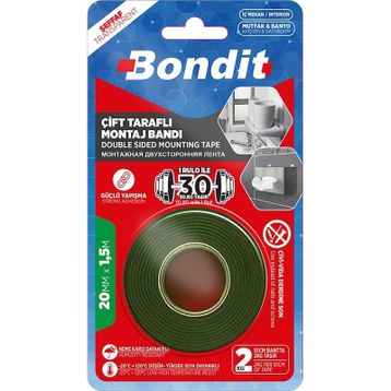 Bondit Şeffaf Çift Taraflı 20 mm x 5 m Montaj Bandı