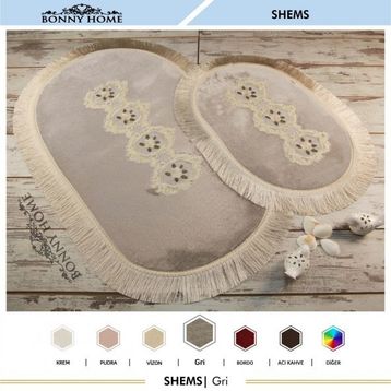 Bonny Home 2'li Gri Shems Dantelli ve Saçaklı Klozet ve Banyo Halısı