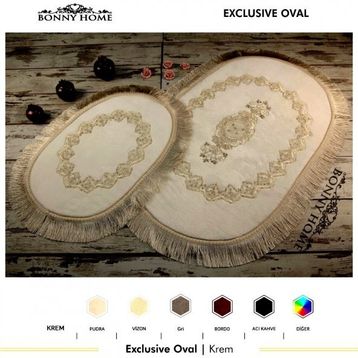 Bonny Home 2'li Krem Exclusive Oval Püsküllü Banyo Halısı