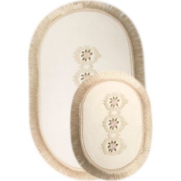 Bonny Home 2'li Krem Shems Dantelli ve Saçaklı Klozet ve Banyo Halısı