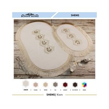 Bonny Home 2'li Krem Shems Dantelli ve Saçaklı Klozet ve Banyo Halısı