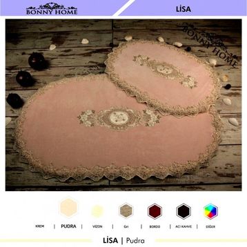 Bonny Home 2'li Lisa Pudra Dantelli Fransız Çeyizlik Klozet ve Banyo Halısı