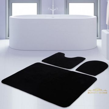 Bonny Home 3'lü Düz Siyah Unicolor Kaymaz Klozet ve Banyo Halısı