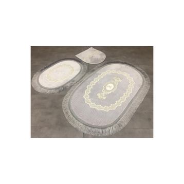 Bonny Home 3'lü Gri Exclusive Oval Püsküllü Klozet Takımı ve Banyo Halısı
