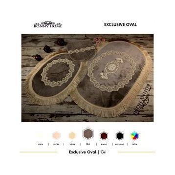 Bonny Home 3'lü Gri Exclusive Oval Püsküllü Klozet Takımı ve Banyo Halısı