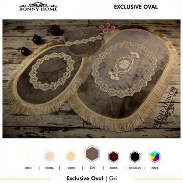 Bonny Home 3'lü Gri Exclusive Oval Püsküllü Klozet Takımı ve Banyo Halısı