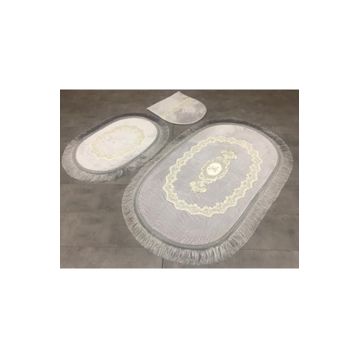 Bonny Home 3'lü Gri Exclusive Oval Püsküllü Klozet Takımı ve Banyo Halısı