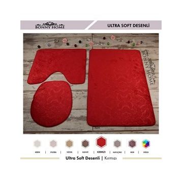 Bonny Home 3'lü Kırmızı Ultrasoft Desenli Klozet ve Banyo Halısı
