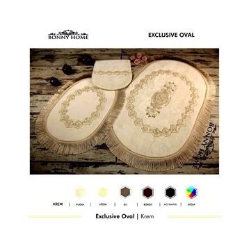 Bonny Home 3'lü Krem Exclusive Oval Püsküllü Klozet Takımı ve Banyo Halısı Paspası