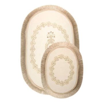 Bonny Home 3'lü Krem Exclusive Oval Püsküllü Klozet Takımı ve Banyo Halısı Paspası