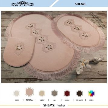 Bonny Home 3'lü Pudra Shems Dantelli ve Saçaklı Klozet ve Banyo Halısı