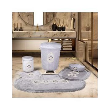 Bonny Home Shems Gri 6 Parça Dantelli Kirli Çamaşır Sepeti + Banyo Paspası Seti