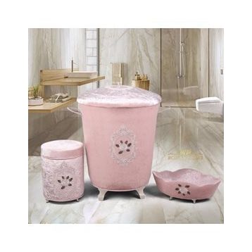 Bonny Home Shems Pudra 3'lü Kadife Banyo Kirli Çamaşır Sepeti Seti