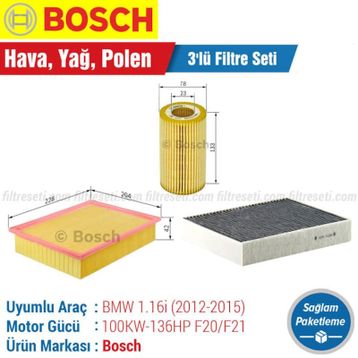 Bosch BMW 1.16i F20/F21 2012 2015 Filtre Bakım Seti