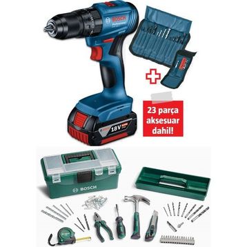 Bosch GSB 185 LI Tek Akülü Kömürsüz Darbeli Matkap Vidalama Şarjlı Matkap ve 103 Parça Matkap Ucu Vidalama Ucu Aksesuar Seti