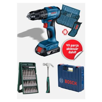 Bosch GSB 185 LI Tek Akülü Kömürsüz Darbeli Matkap Vidalama Şarjlı Matkap ve 103 Parça Matkap Ucu Vidalama Ucu Aksesuar Seti