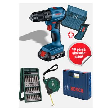 Bosch GSB 185 LI Tek Akülü Kömürsüz Darbeli Matkap Vidalama Şarjlı Matkap ve 103 Parça Matkap Ucu Vidalama Ucu Aksesuar Seti