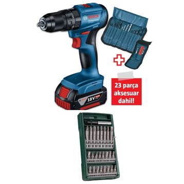 Bosch GSB 185 LI Tek Akülü Kömürsüz Darbeli Matkap Vidalama Şarjlı Matkap ve 103 Parça Matkap Ucu Vidalama Ucu Aksesuar Seti