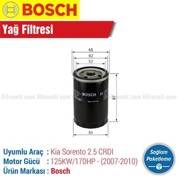 Bosch Kia Sorento 2.5 CRDI 2007 2010 170HP Filtre Bakım Seti