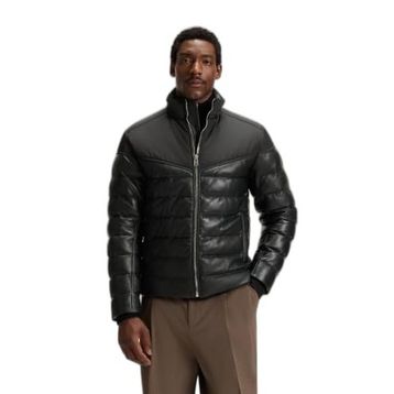Boss 50547672 Siyah Deri Dik Yaka Kapitoneli Şişme Erkek Mont