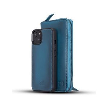 Bouletta BRN4EF Mavi Apple iPhone 13 Uyumlu Deri Fermuarlı Cüzdan Kılıf
