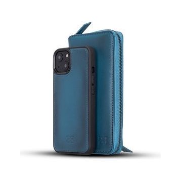 Bouletta BRN4EF Mavi Apple iPhone 13 Uyumlu Deri Fermuarlı Cüzdan Kılıf