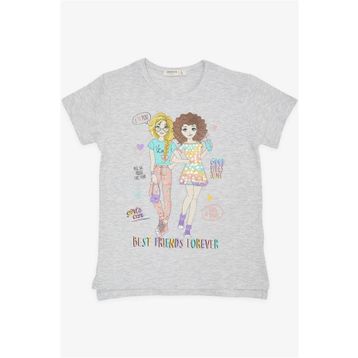 Breeze Açık Gri Melanj 8-12 Yaş Dostluk Temalı Kız Çocuk T-shirt