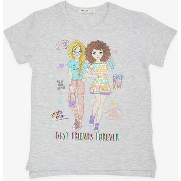Breeze Açık Gri Melanj 8-12 Yaş Dostluk Temalı Kız Çocuk T-shirt