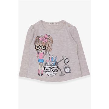 Breeze Bej Melanj 1-4 Yaş Uzun Kollu Ressam Baskılı Kız Çocuk T-shirt