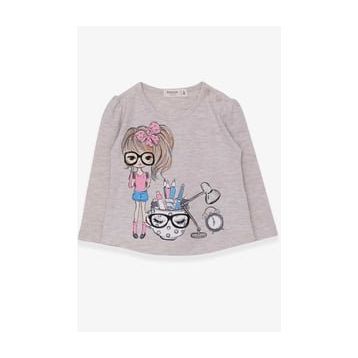 Breeze Bej Melanj 1-4 Yaş Uzun Kollu Ressam Baskılı Kız Çocuk T-shirt