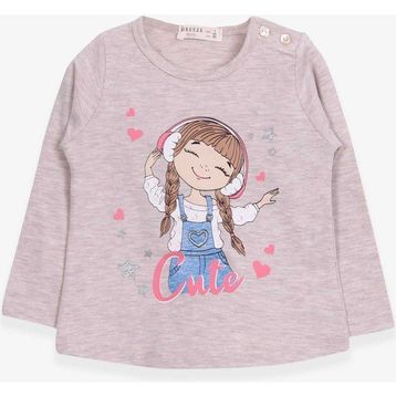 Breeze Bej Melanj 1-4 Yaş Uzun Kollu Sevimli Baskılı Kız Çocuk T-shirt