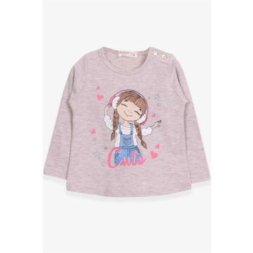 Breeze Bej Melanj 1-4 Yaş Uzun Kollu Sevimli Baskılı Kız Çocuk T-shirt