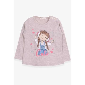 Breeze Bej Melanj 1-4 Yaş Uzun Kollu Sevimli Baskılı Kız Çocuk T-shirt