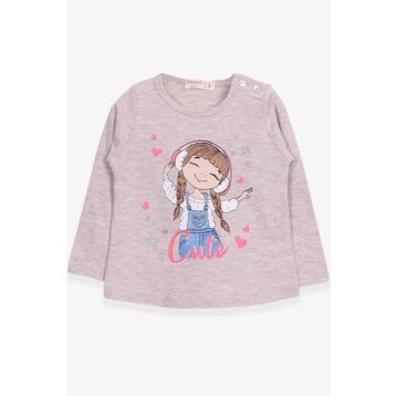 Breeze Bej Melanj 1-4 Yaş Uzun Kollu Sevimli Baskılı Kız Çocuk T-shirt