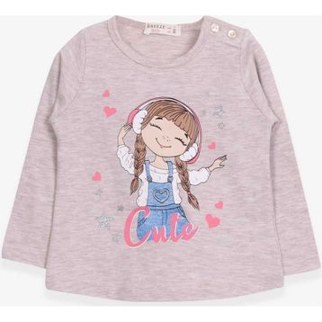 Breeze Bej Melanj 1-4 Yaş Uzun Kollu Sevimli Baskılı Kız Çocuk T-shirt
