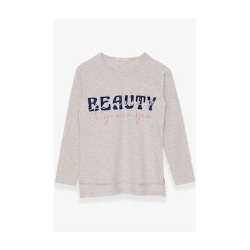 Breeze Bej Melanj 10-16 Yaş Uzun Kollu Taşlı Yazı Baskılı Kız Çocuk T-shirt