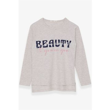 Breeze Bej Melanj 10-16 Yaş Uzun Kollu Taşlı Yazı Baskılı Kız Çocuk T-shirt