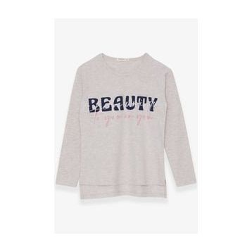 Breeze Bej Melanj 10-16 Yaş Uzun Kollu Taşlı Yazı Baskılı Kız Çocuk T-shirt